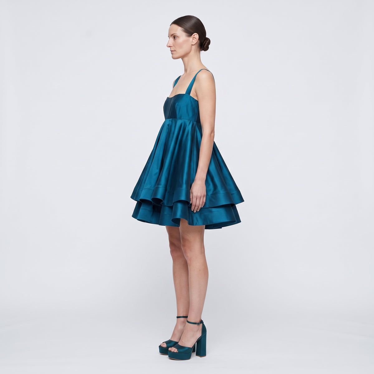 Teal Satin Tiered Mini Dress