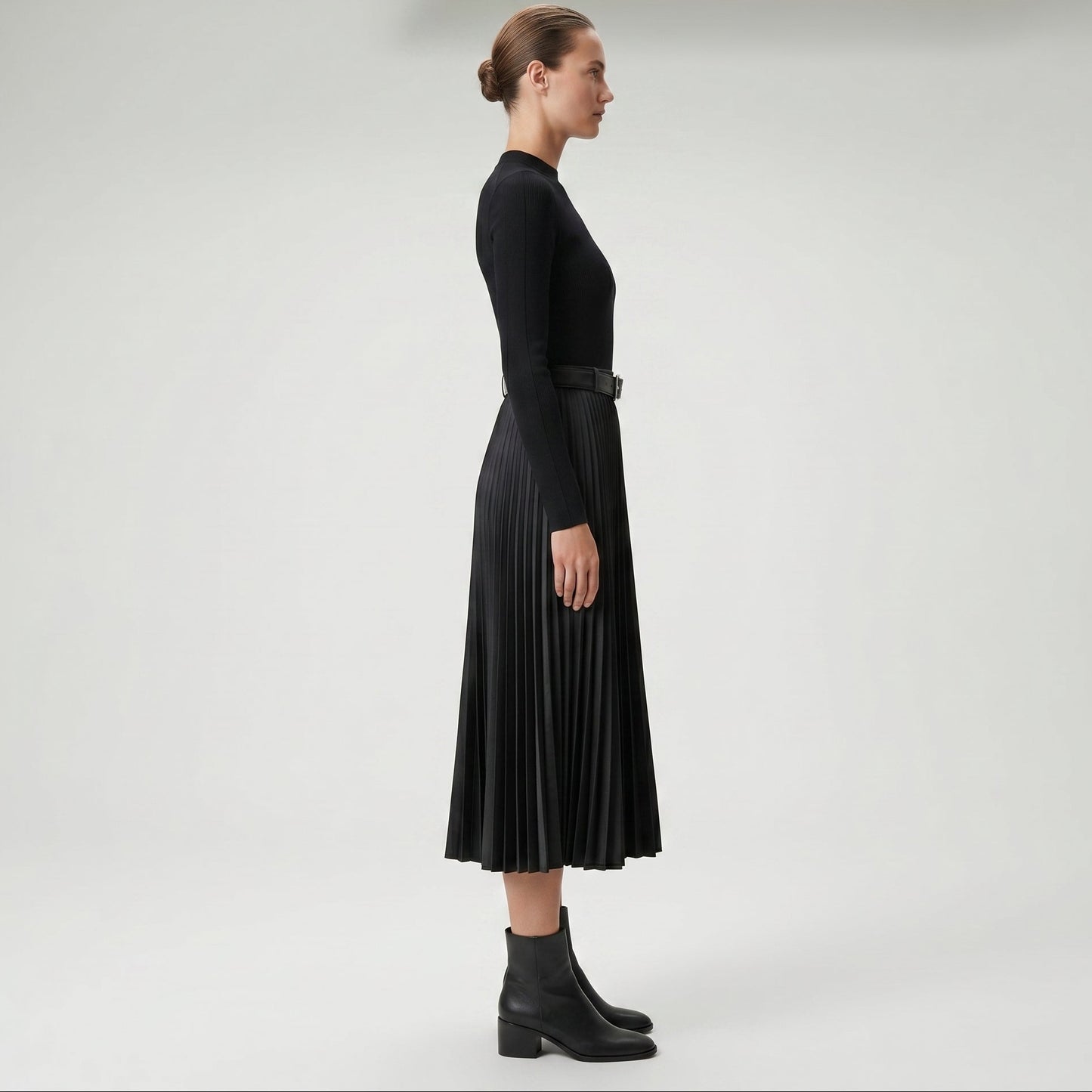 Pleated Faux Leather Knit Dress