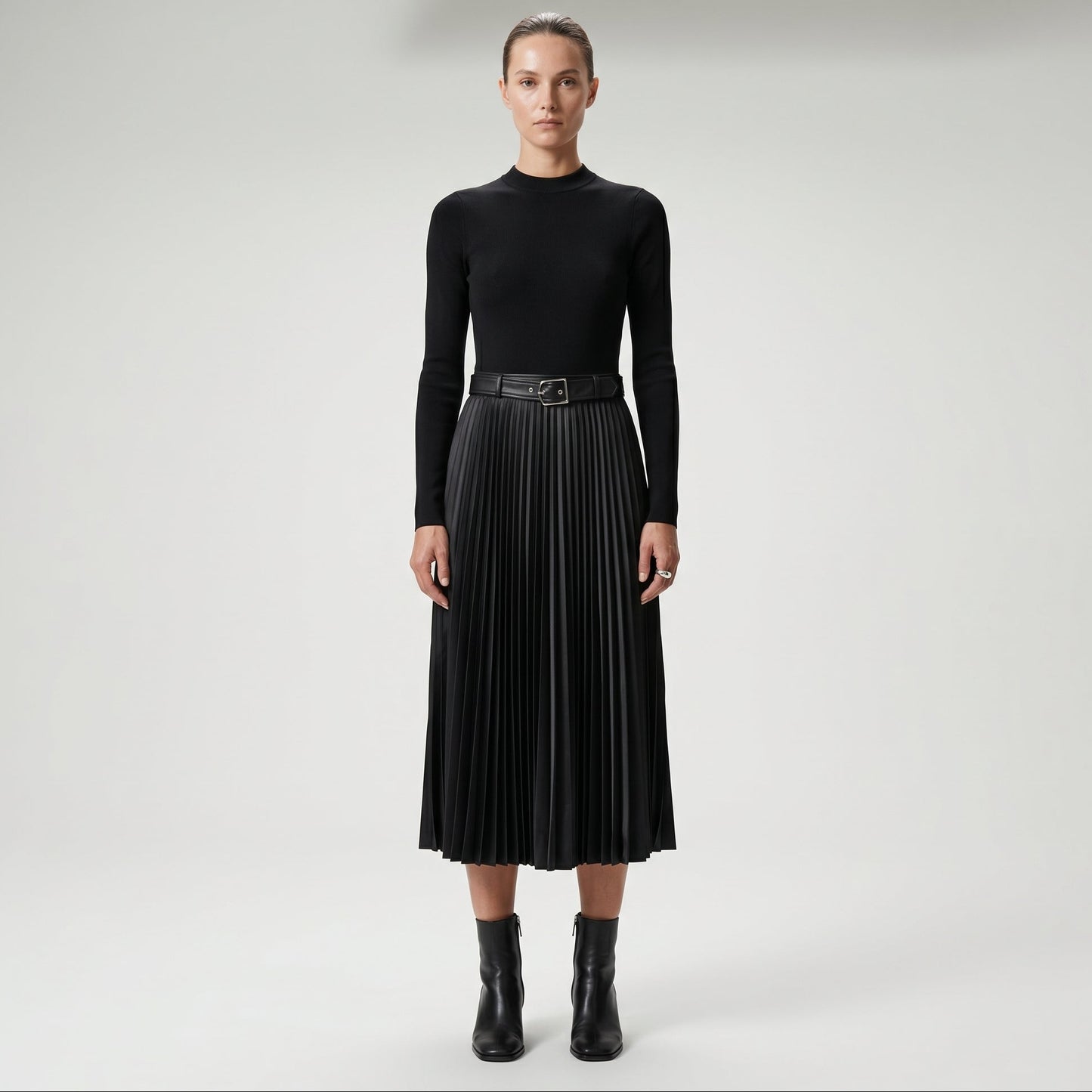 Pleated Faux Leather Knit Dress