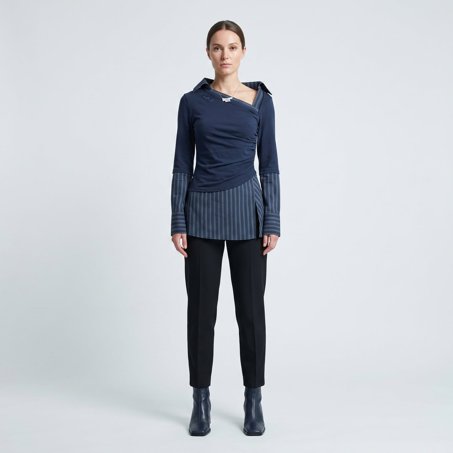 Asymmetric Pinstriped Ruched Blouse