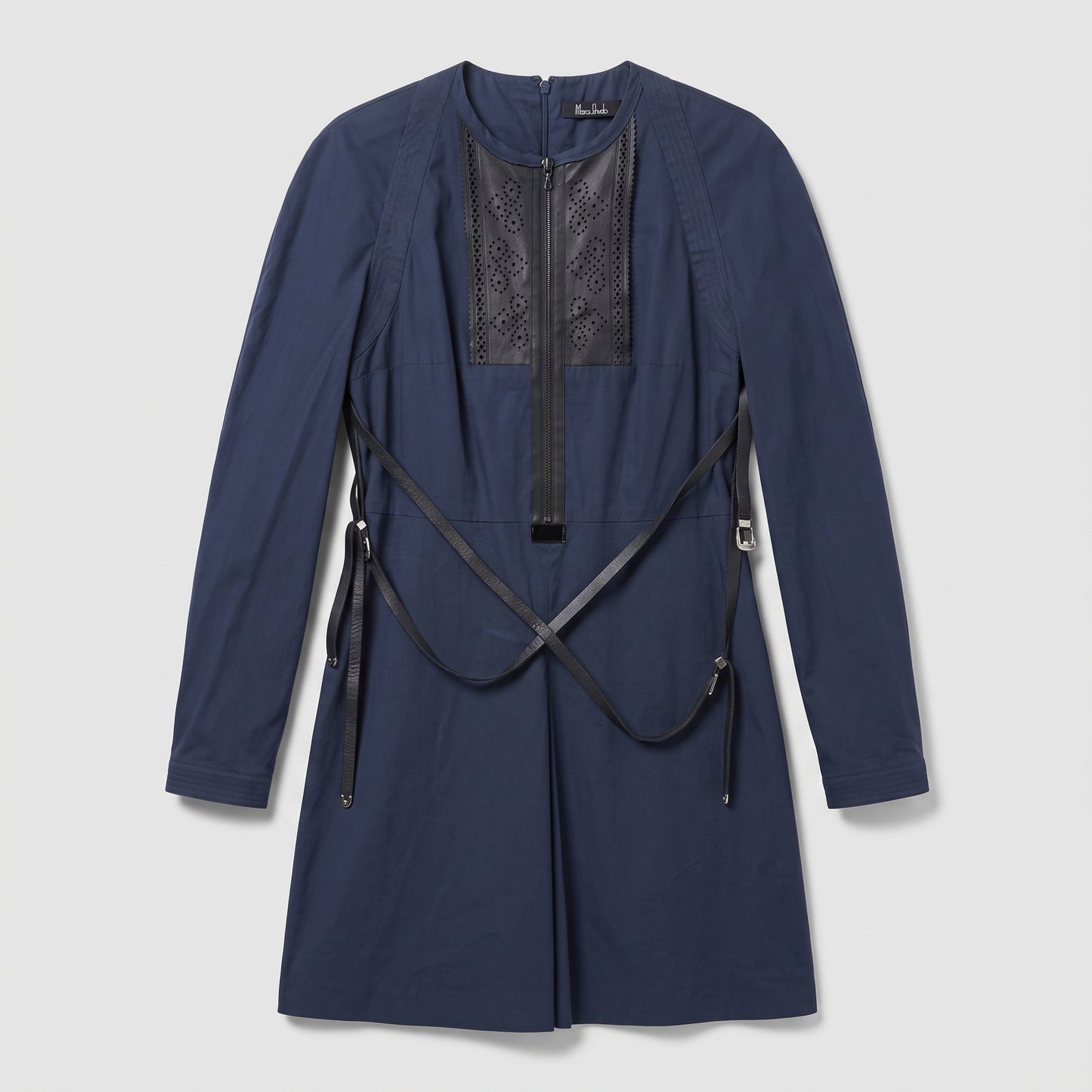 Navy Leather Trimmed Mini Dress