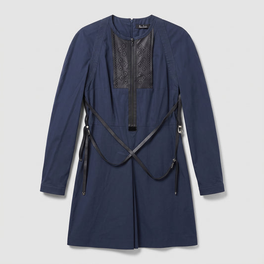Navy Leather Trimmed Mini Dress