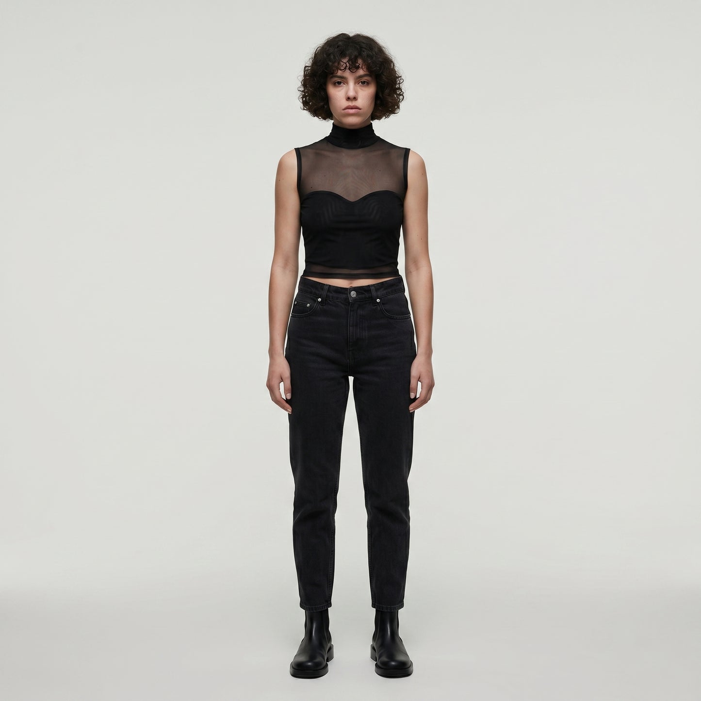 Sleeveless Sheer Mesh Mock-Neck Top