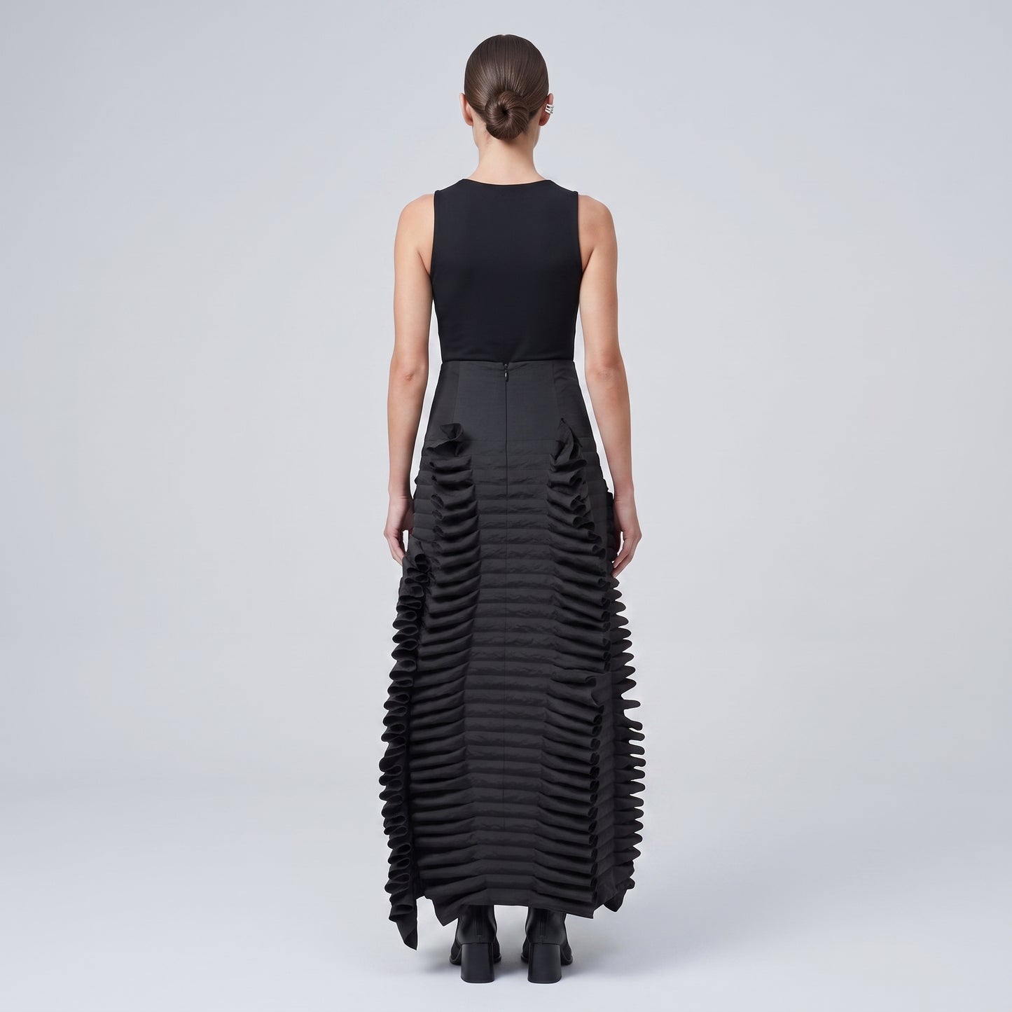 Ruffled High-Waisted Black Midi Skirt