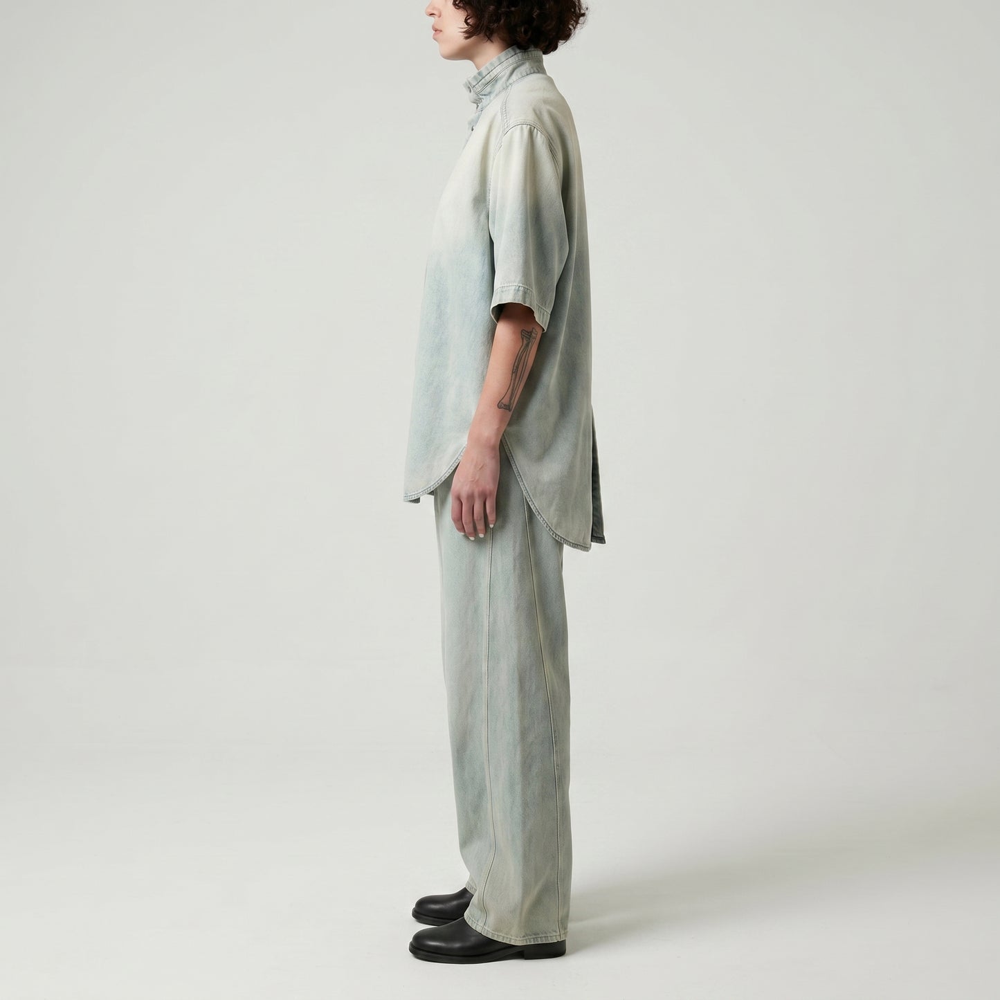 Acid Wash Denim Stand-Collar Shirt