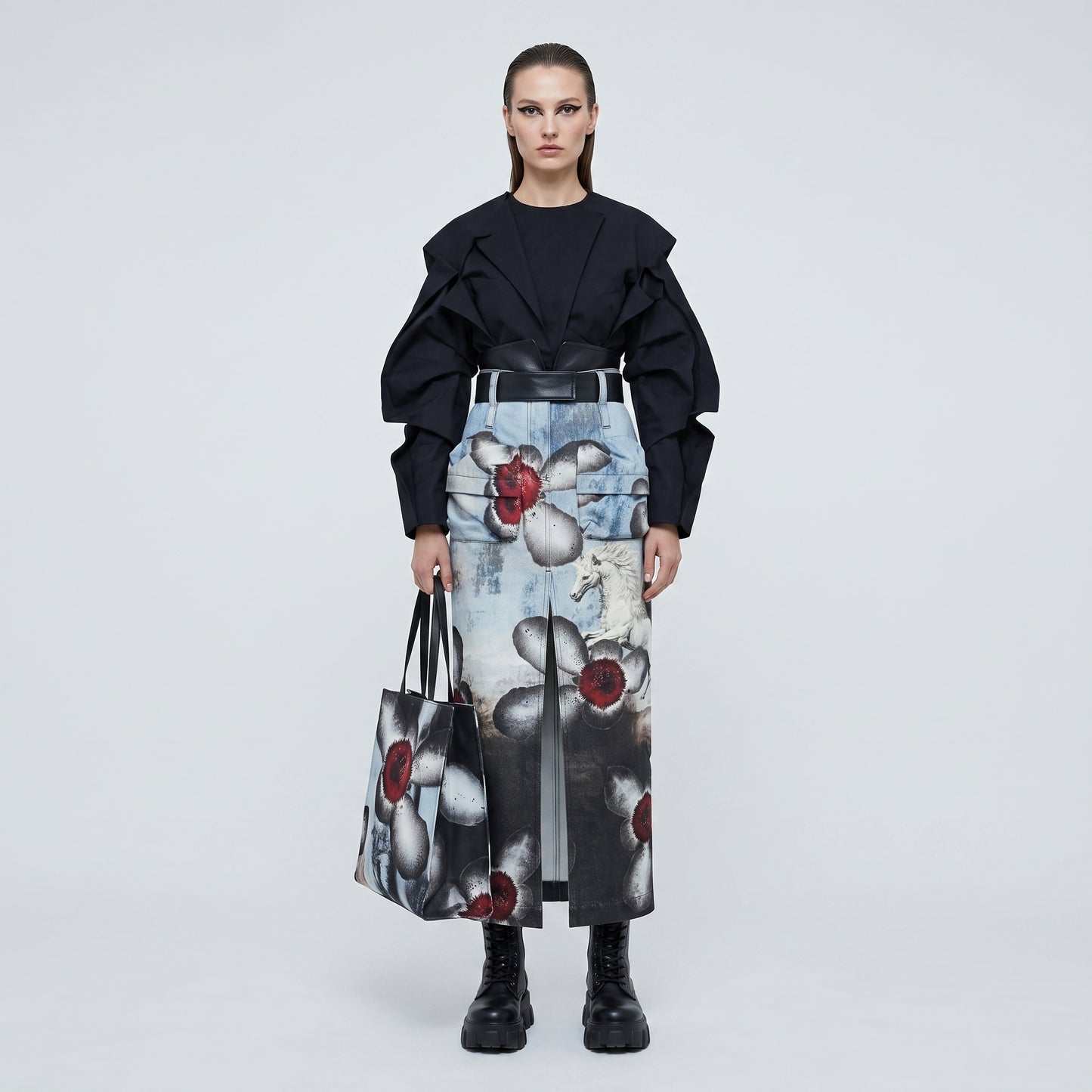Floral Print Denim Midi Skirt