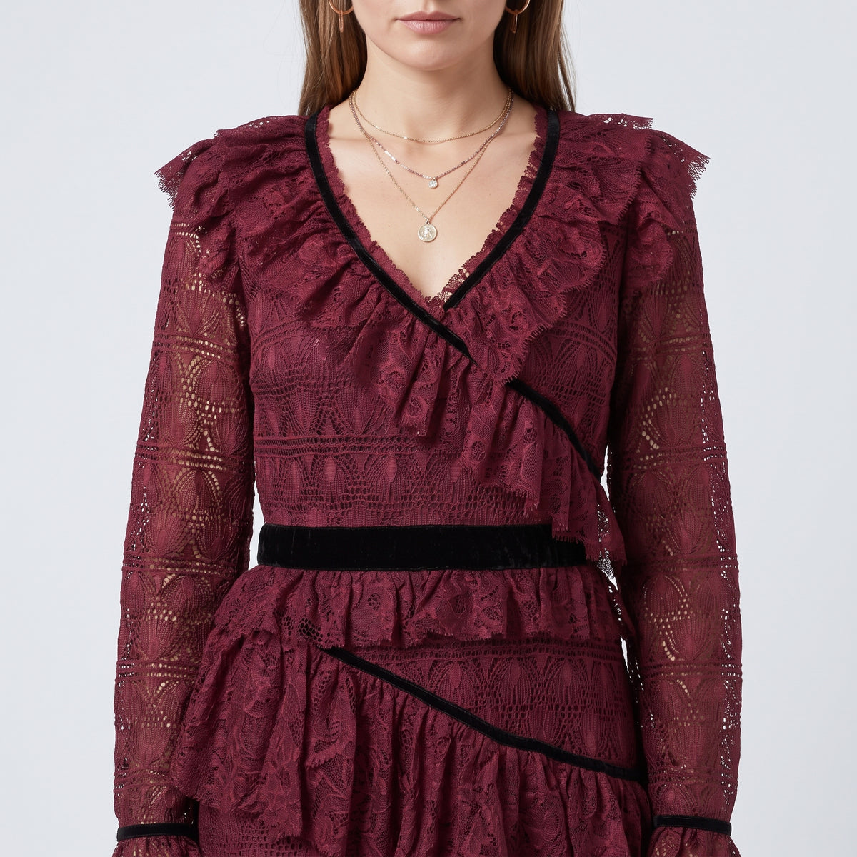 Burgundy Ruffled Lace Midi Dress