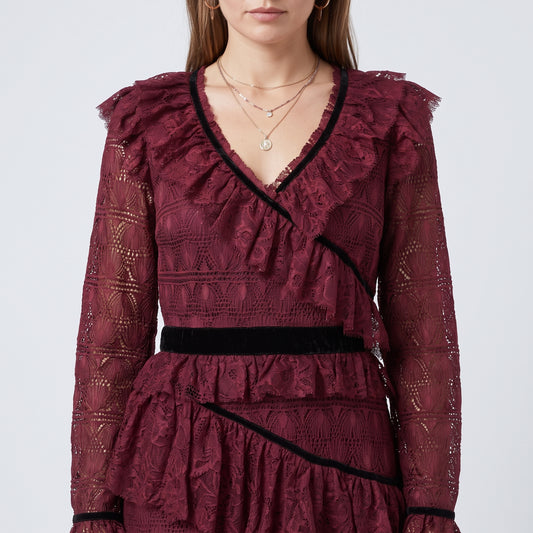 Burgundy Ruffled Lace Midi Dress
