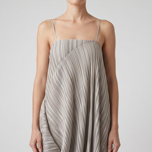 Pleated Asymmetric Drape Midi Dress