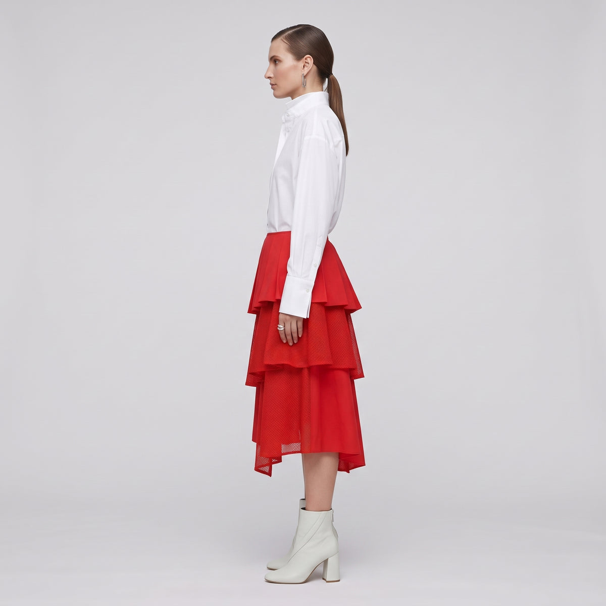 Red Tiered Pleated Midi Skirt