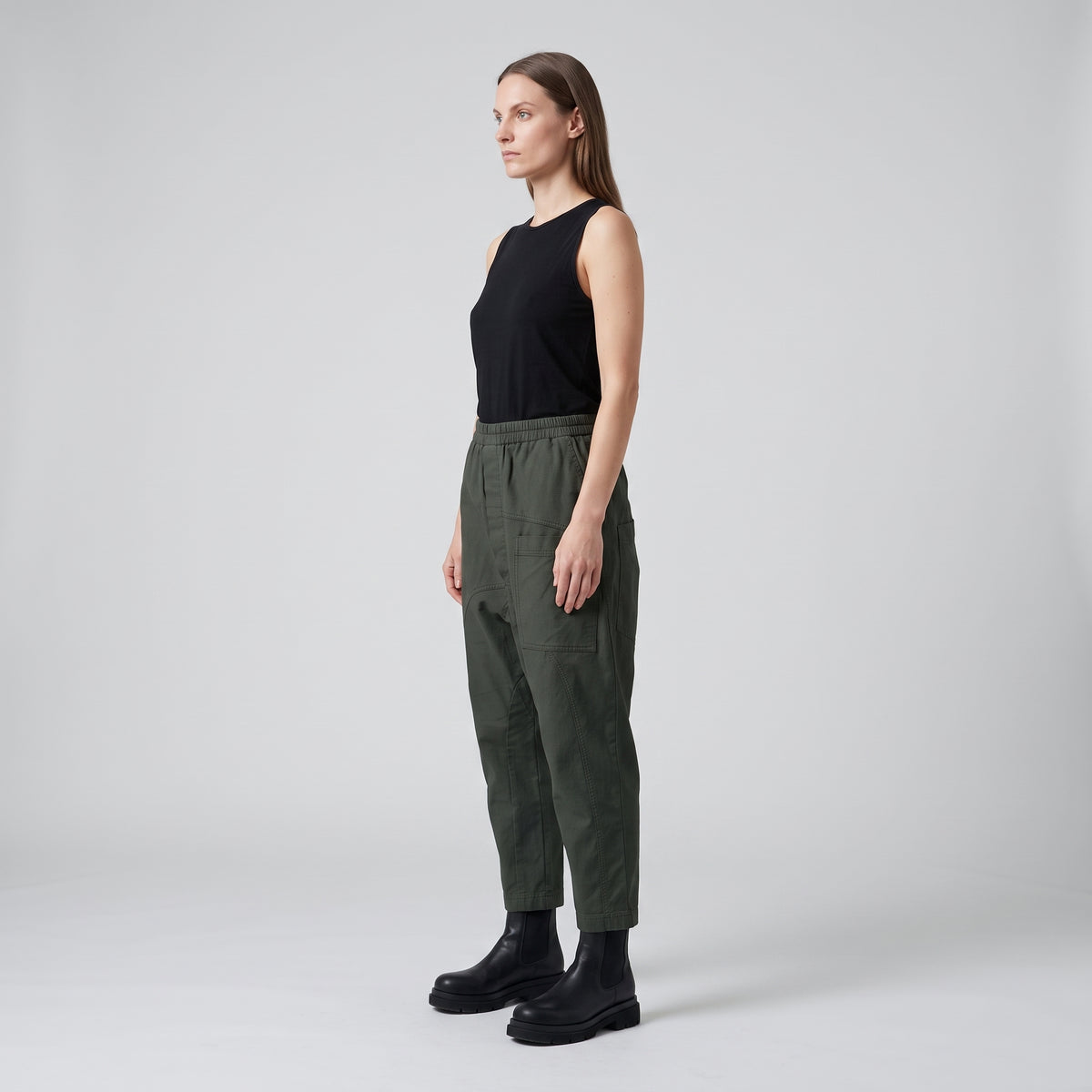 Relaxed Drop-Crotch Olive Trousers