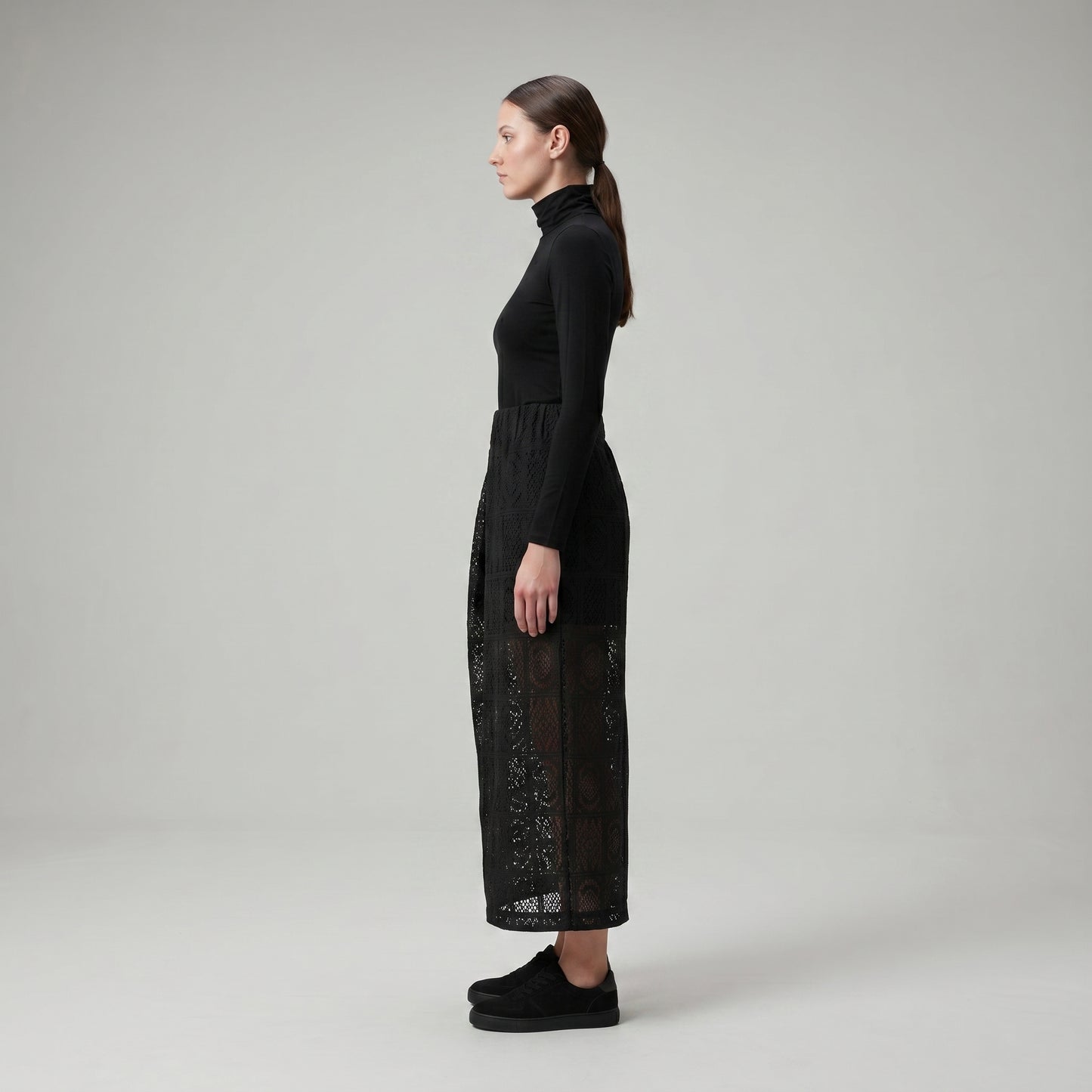 Elegant Black Eyelet Midi Skirt