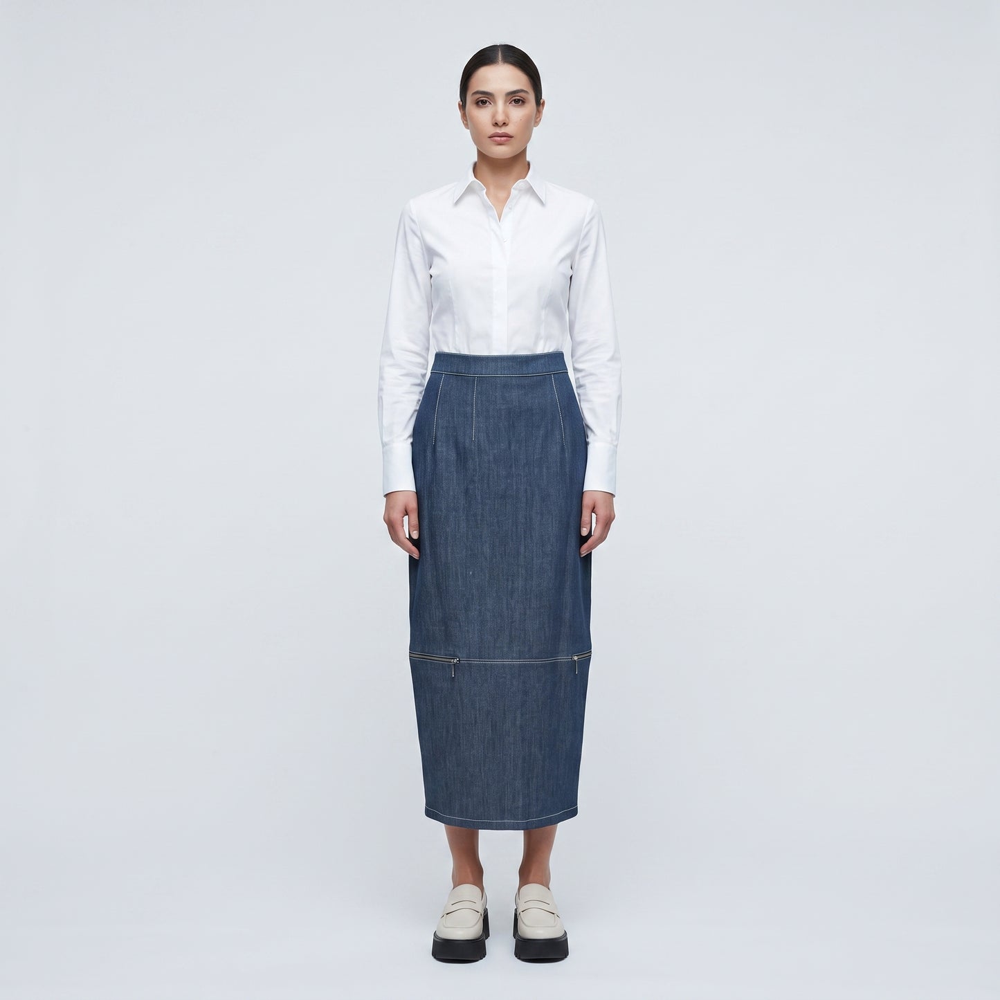 Structured Denim Midi Skirt