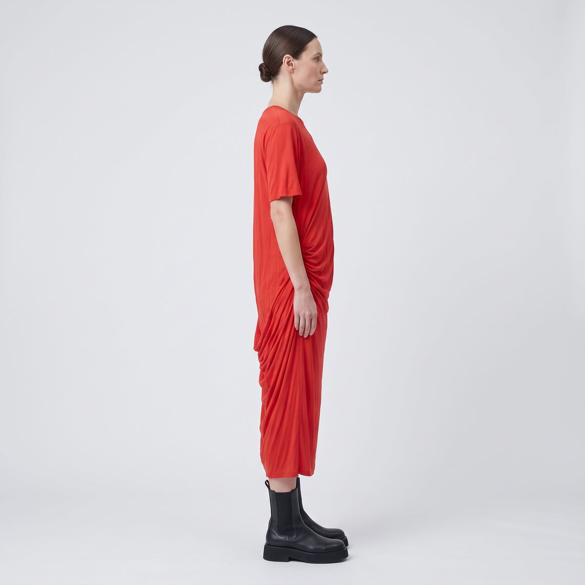 Red Draped Jersey Midi Dress