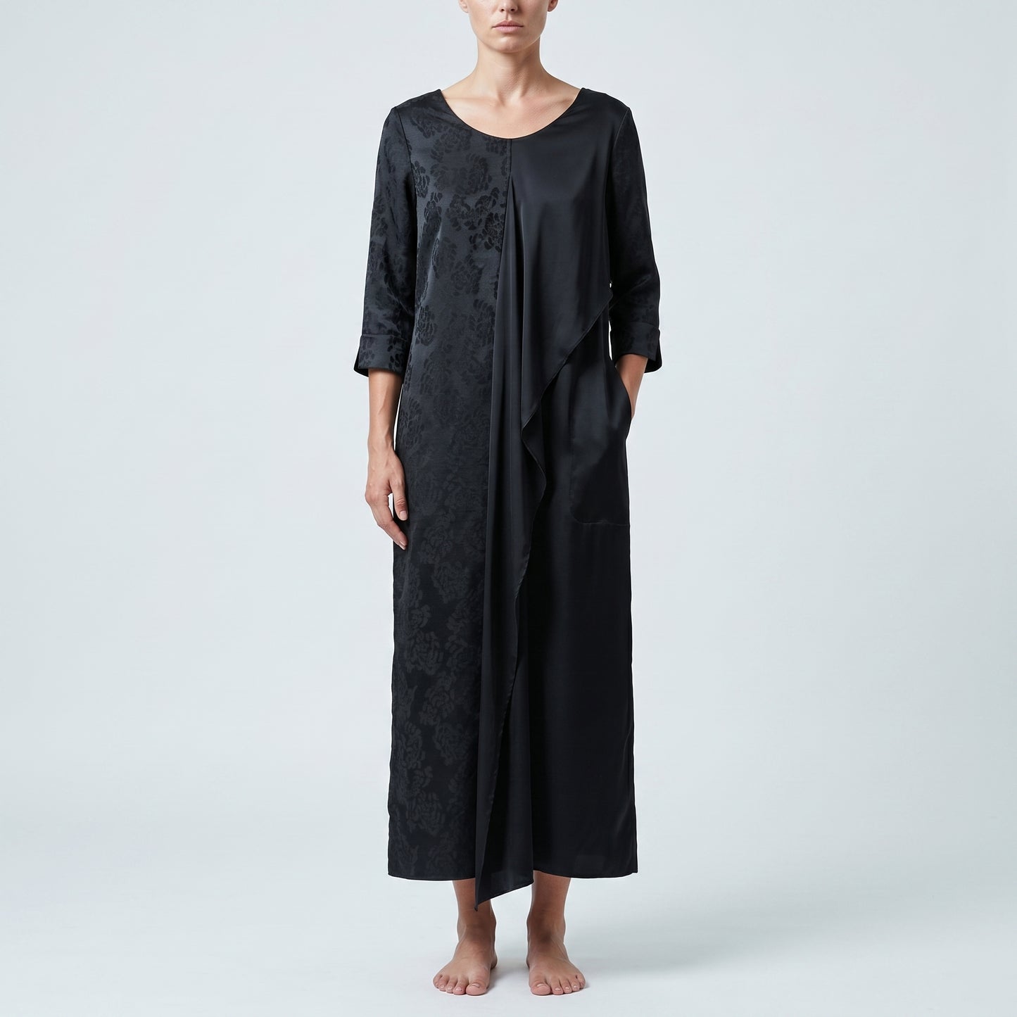 Asymmetric Paneled Black Midi Dress