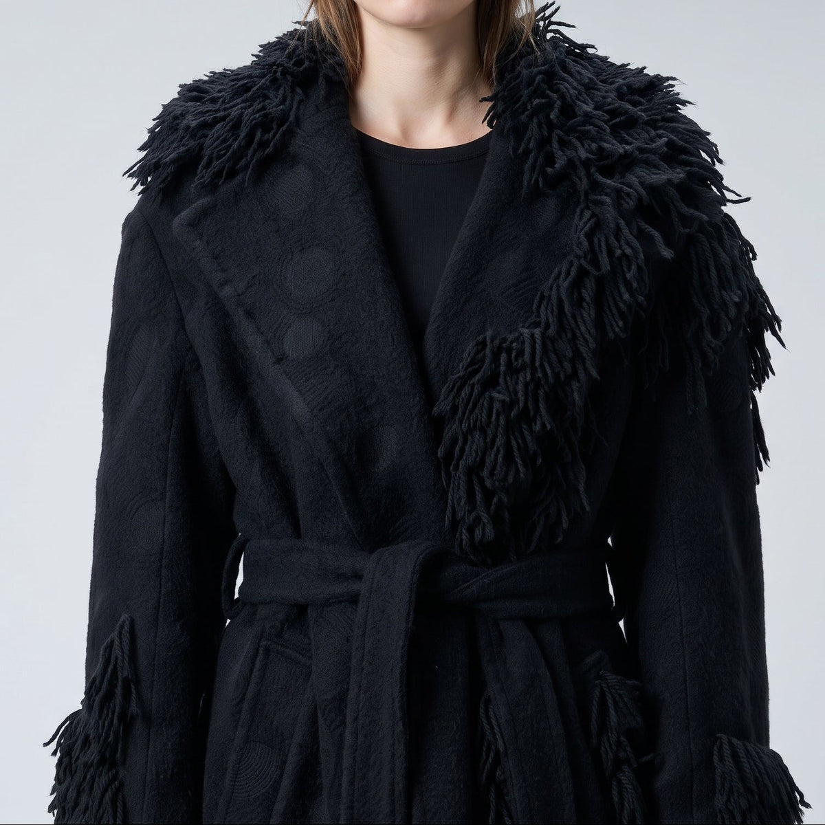 Fringed Wool Belted Coat