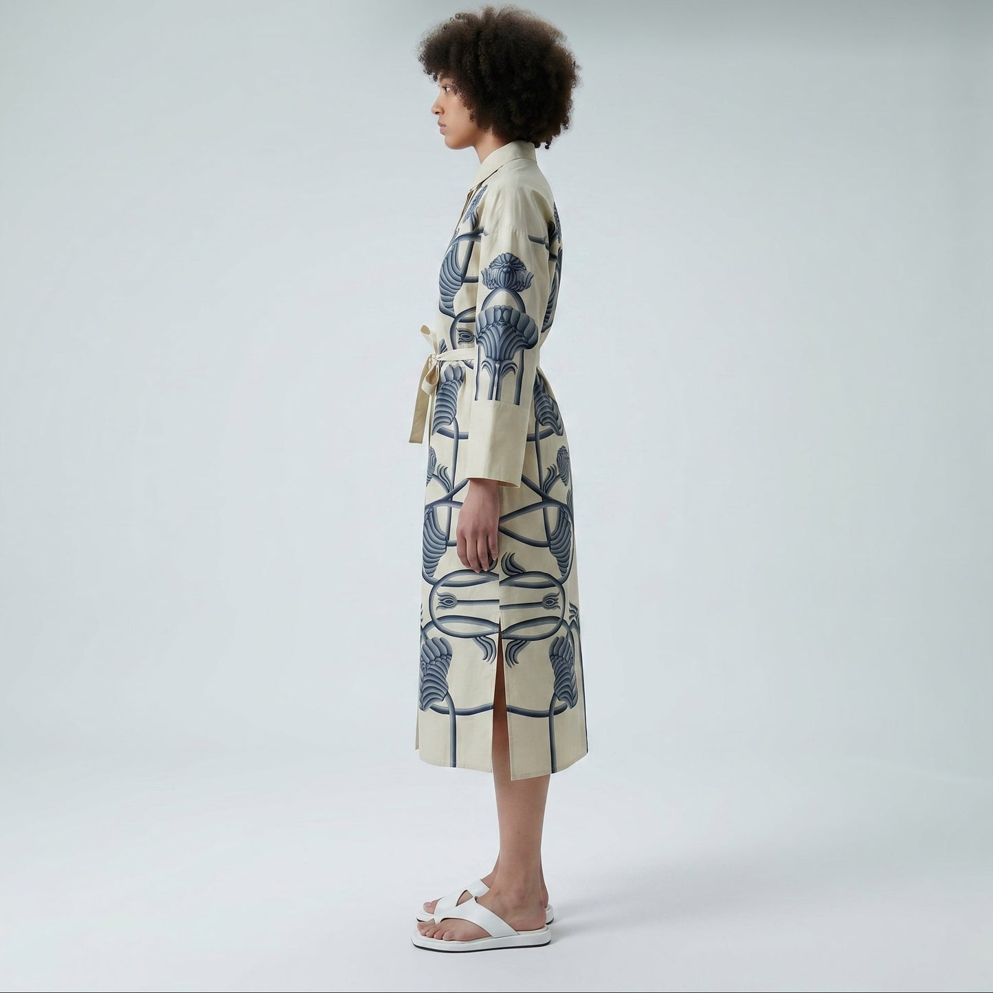 Embroidered Floral Belted Coat Dress