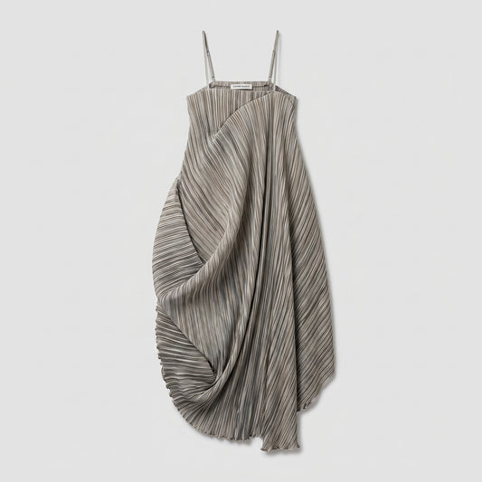 Pleated Asymmetric Drape Midi Dress
