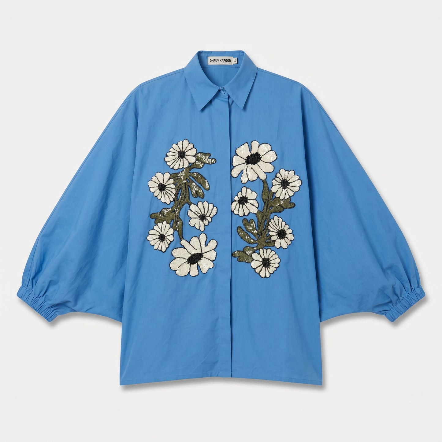 Embroidered Floral Oversized Blue Shirt
