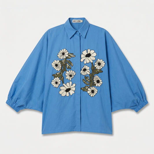 Embroidered Floral Oversized Blue Shirt