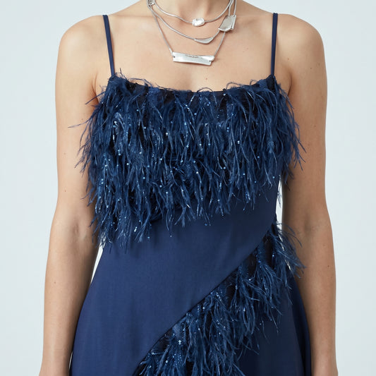 Asymmetrical Fringed Navy Slip Dress