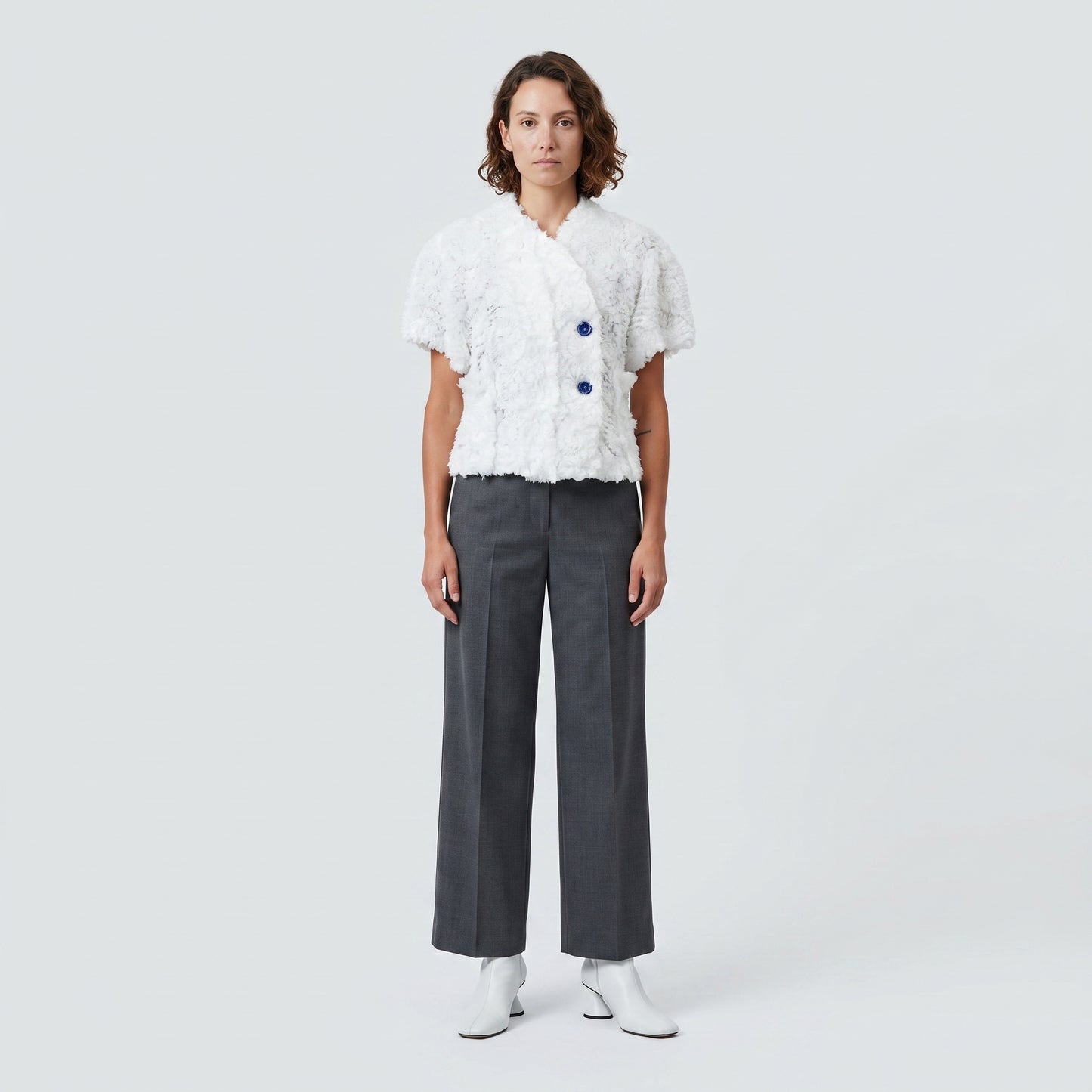 Textured Double-Breasted White Jacket