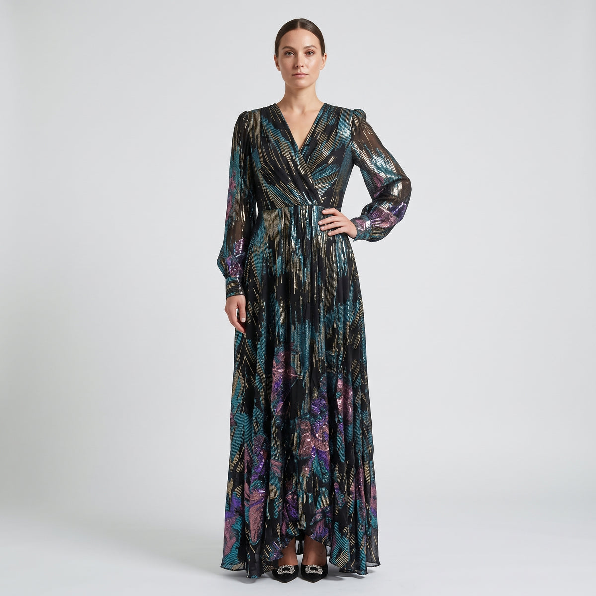 Metallic Floral Wrap Mini Dress