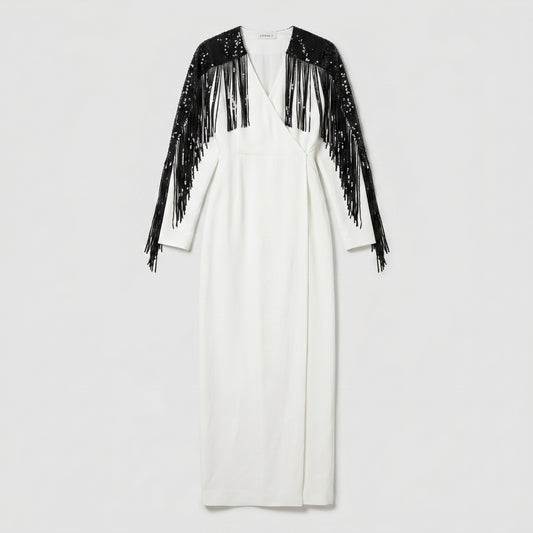Embellished Fringe Wrap Maxi Dress