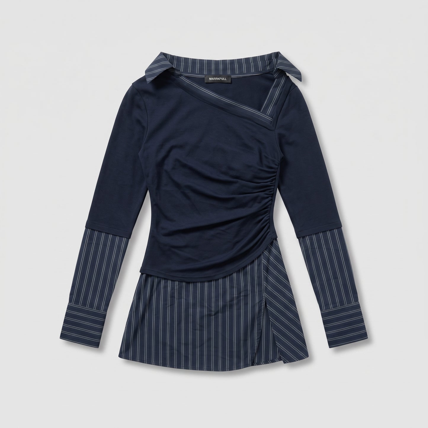 Asymmetric Pinstriped Ruched Blouse