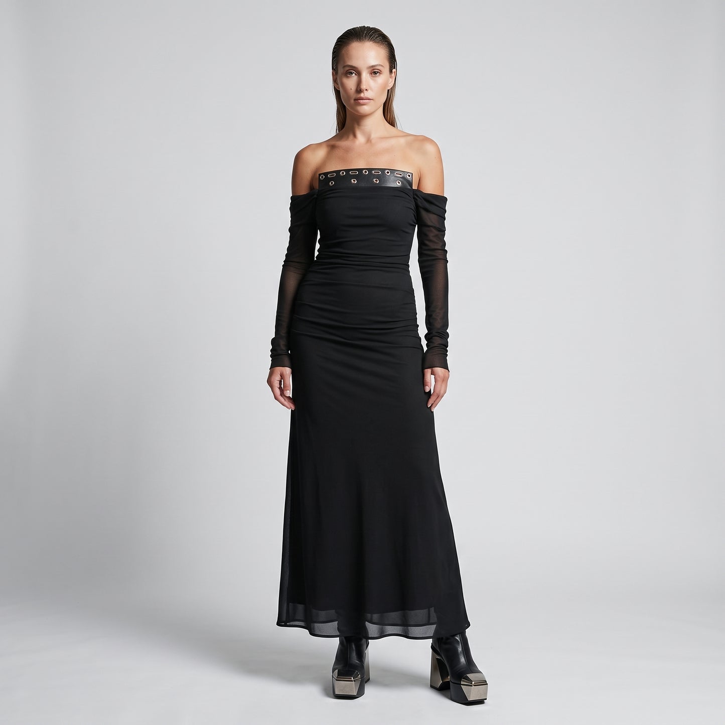 Ruched Off-Shoulder Grommet Dress