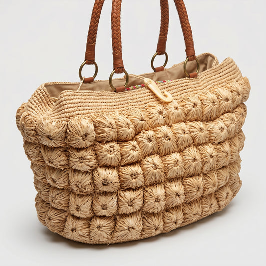 Textured Woven Raffia Tote Bag