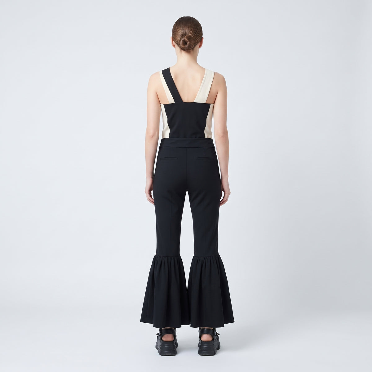Black Ruffled Hem Tailored Trousers