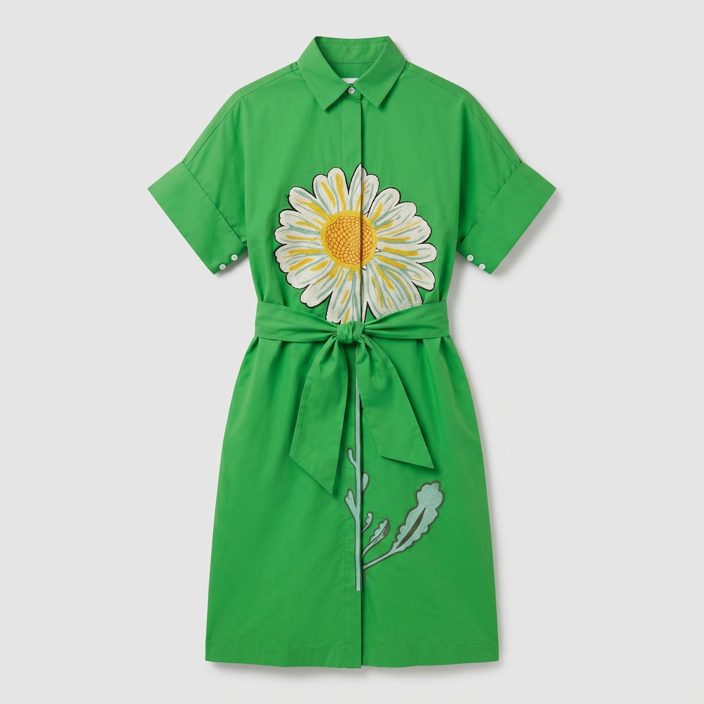 Floral Embroidered Green Shirt Dress