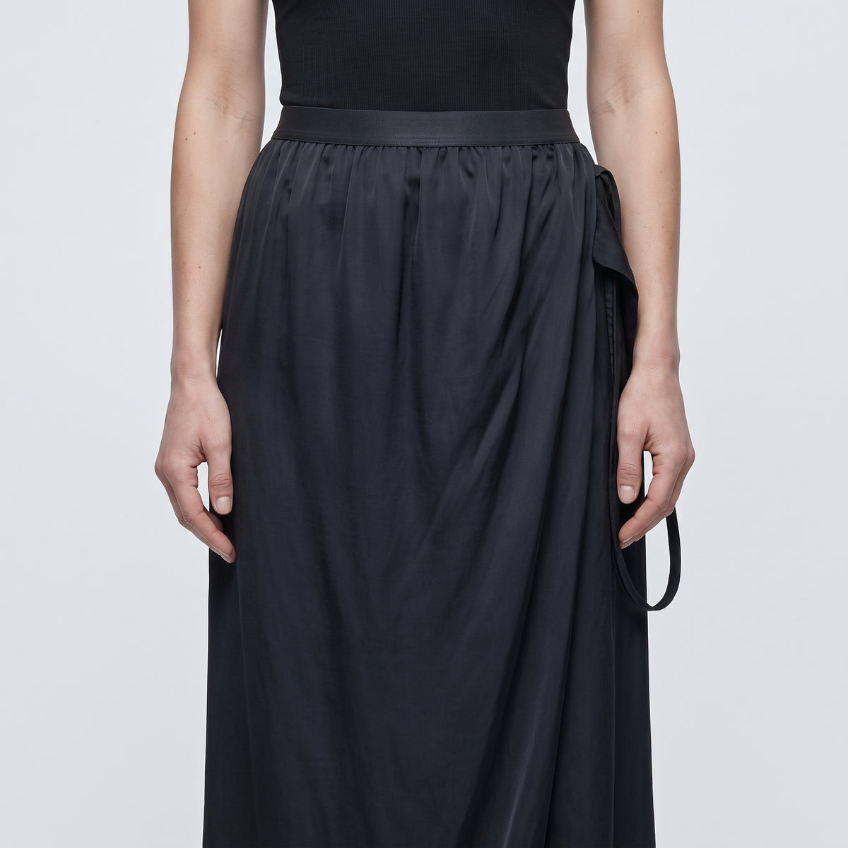 Sleek Black Satin Midi Skirt