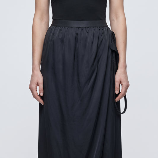 Sleek Black Satin Midi Skirt