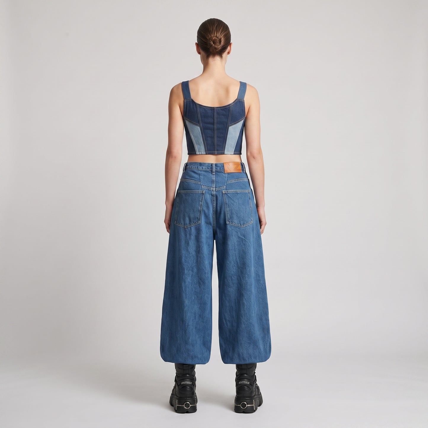 Pleated Wide Leg Denim Jeans