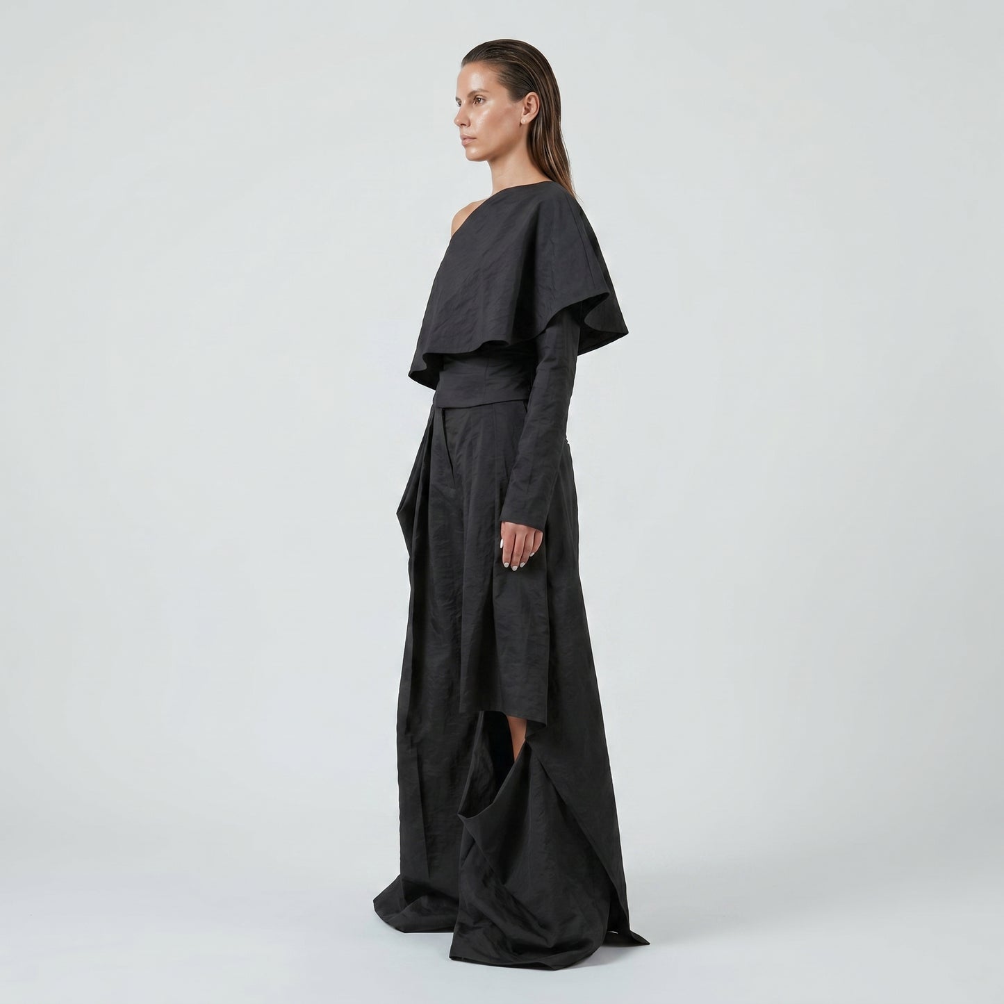 Asymmetric Pleated Wide Leg Trousers