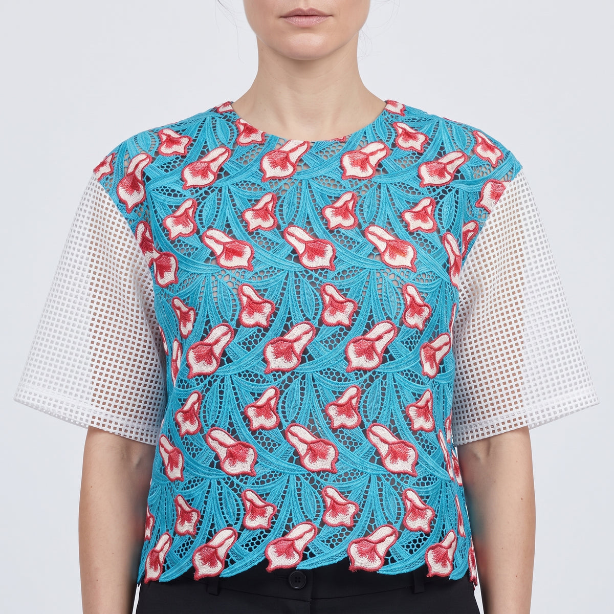 Embroidered Floral Mesh Knit Top