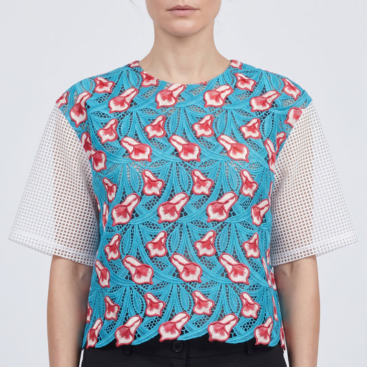 Embroidered Floral Mesh Knit Top