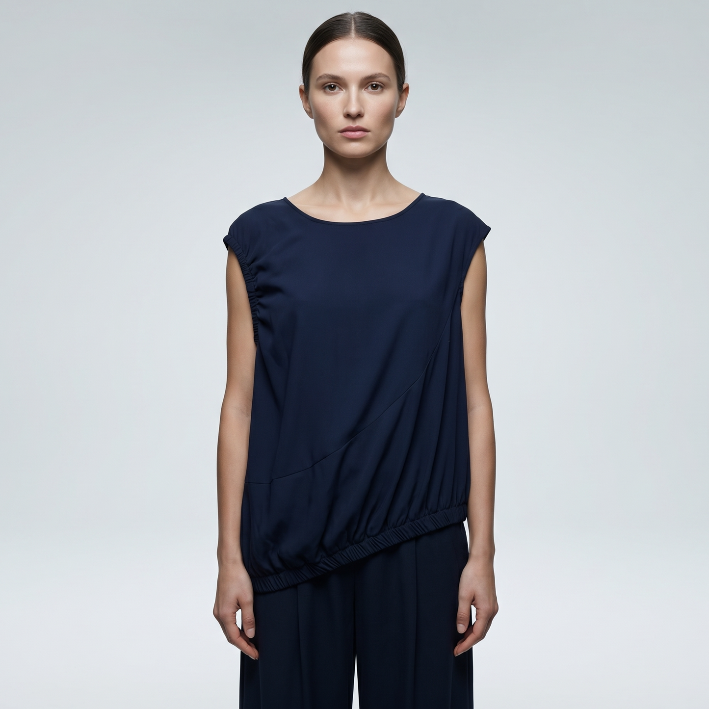 Asymmetric Navy Gathered Shell Top