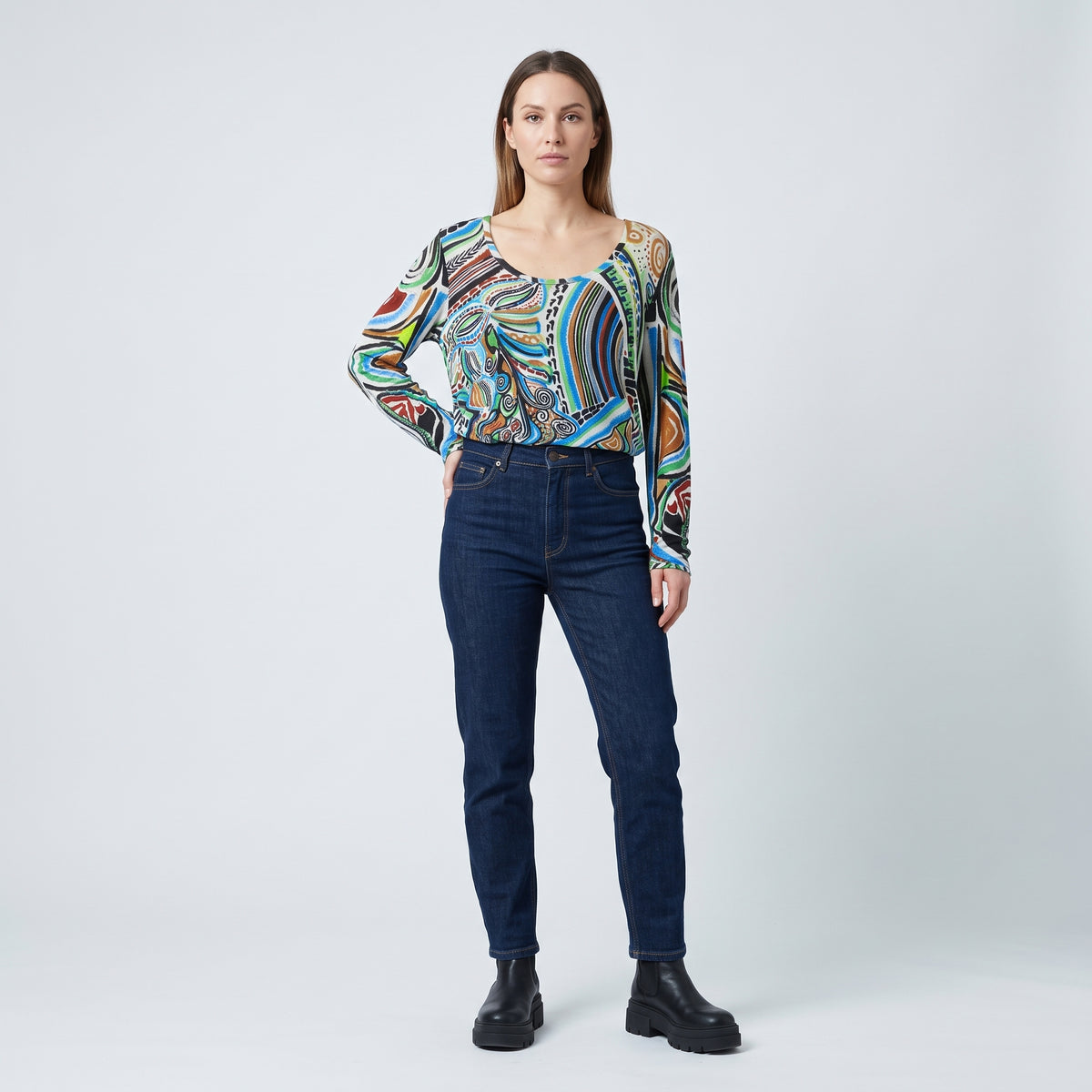 Abstract Print Viscose Long-Sleeve Top