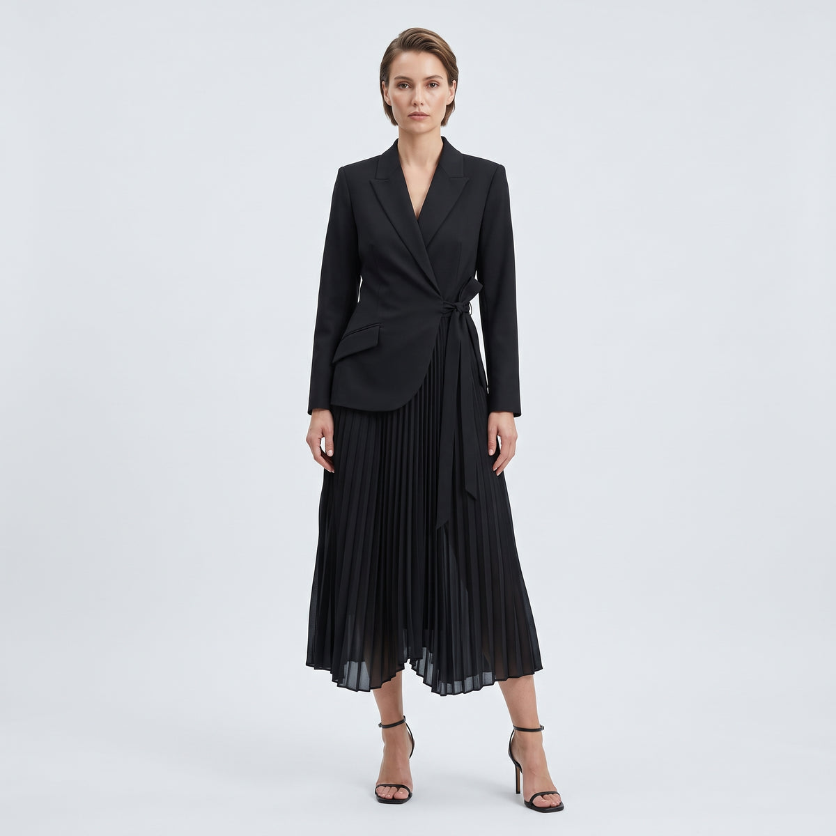 Tailored Wrap Pleated Midi Dress