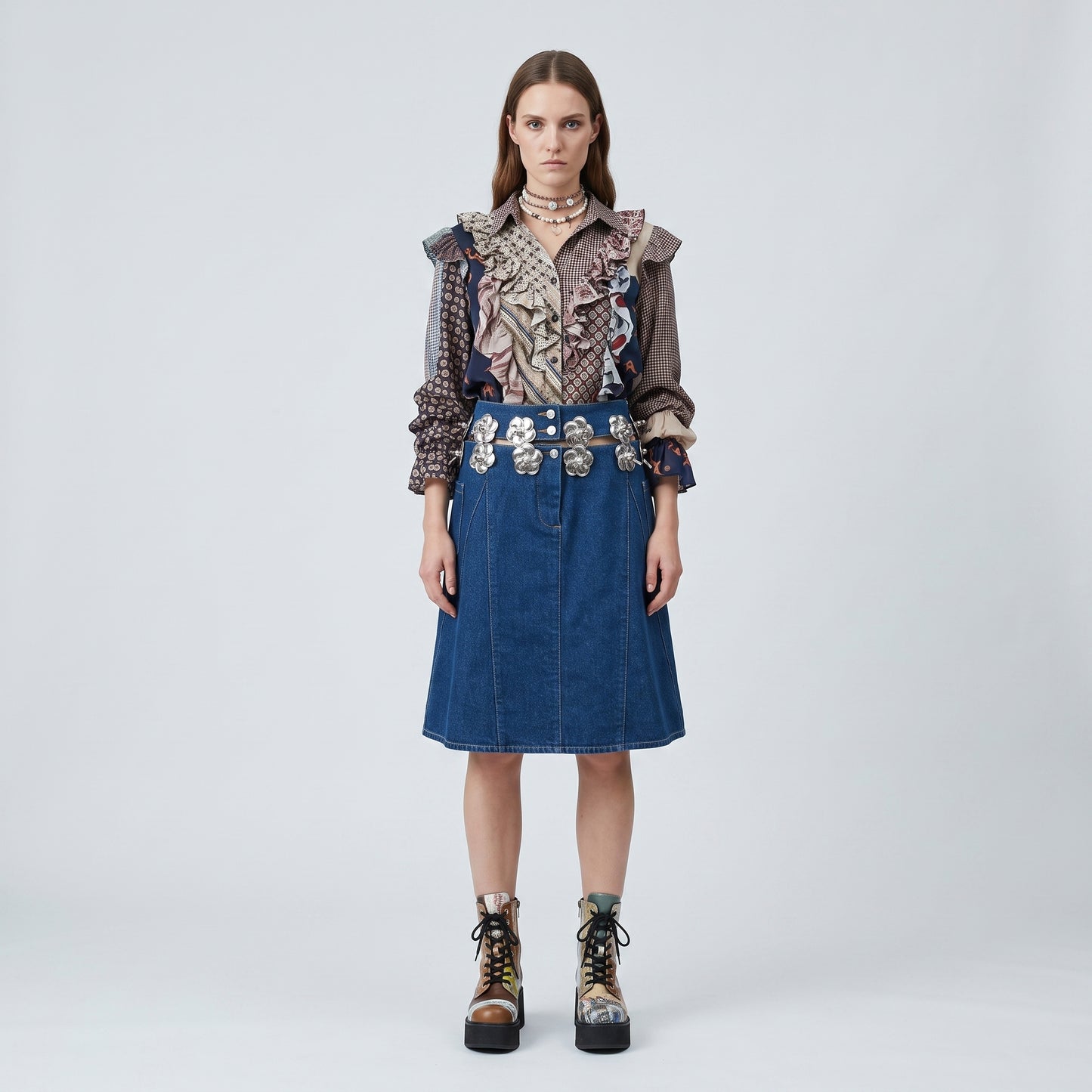 Embellished Flower Denim Mini Skirt
