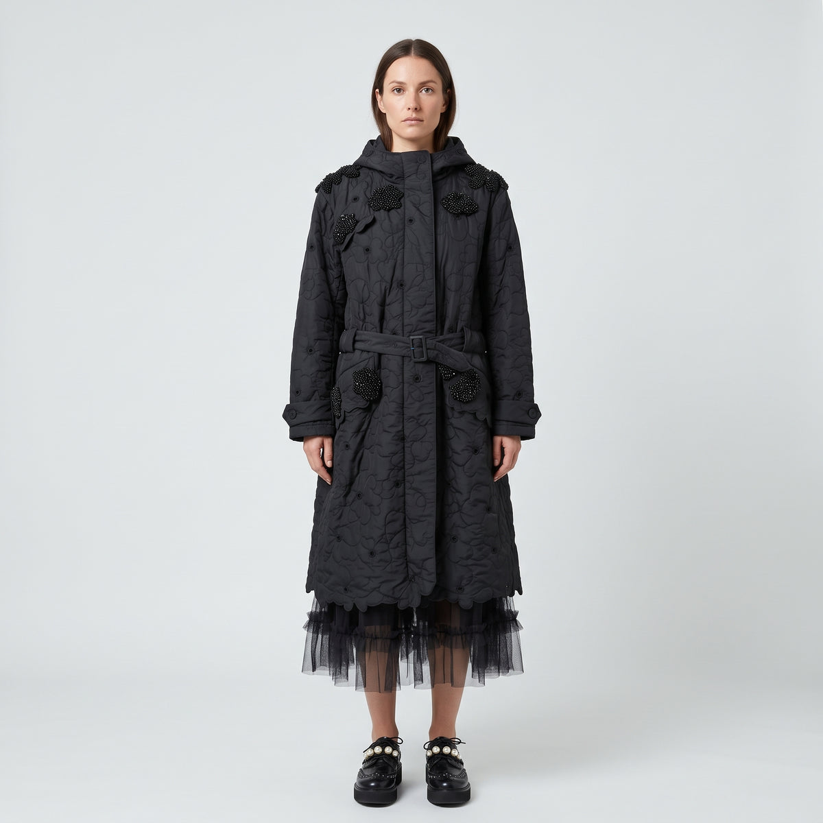 Embellished Quilted Hooded Coat