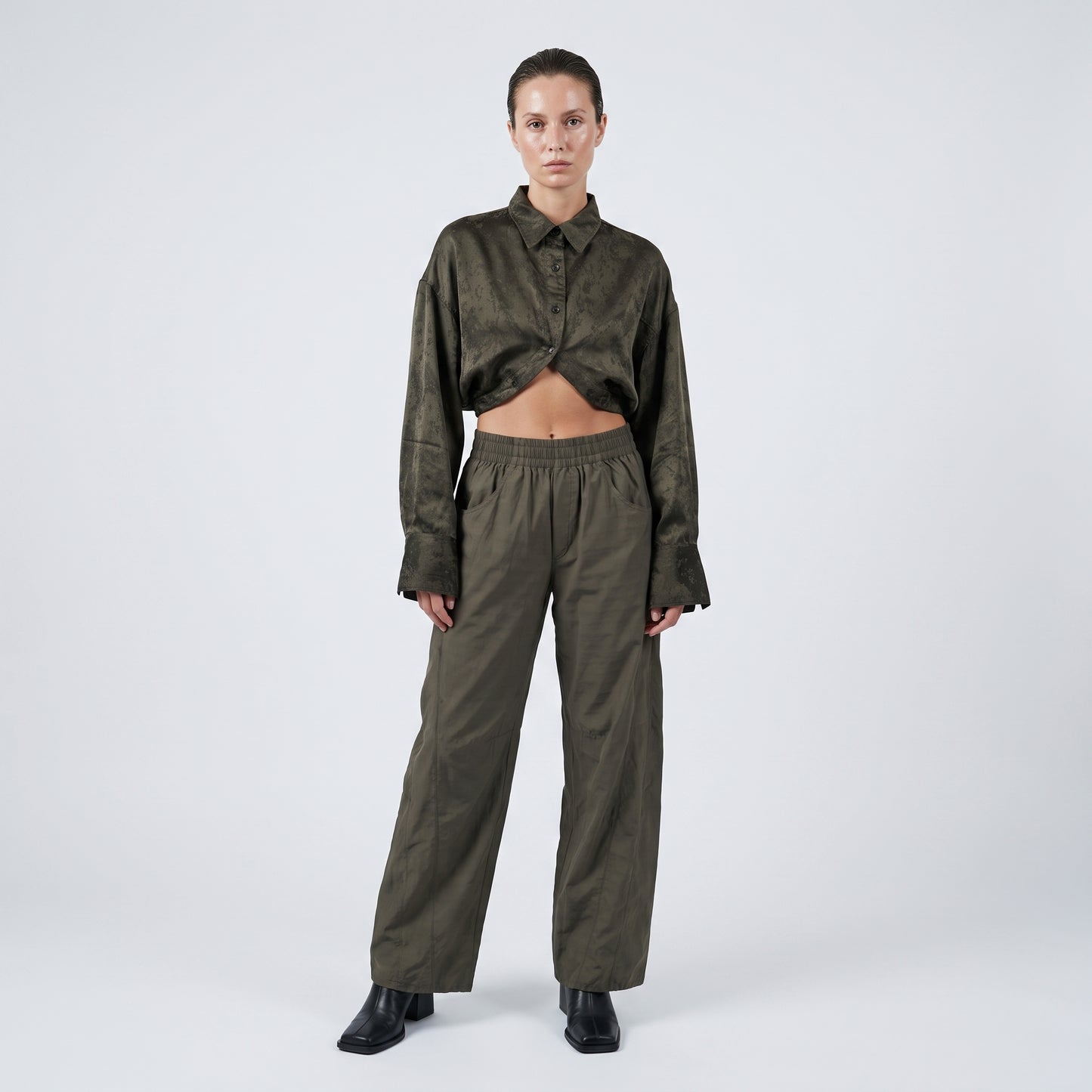 Textured Cropped Button Down Shirt