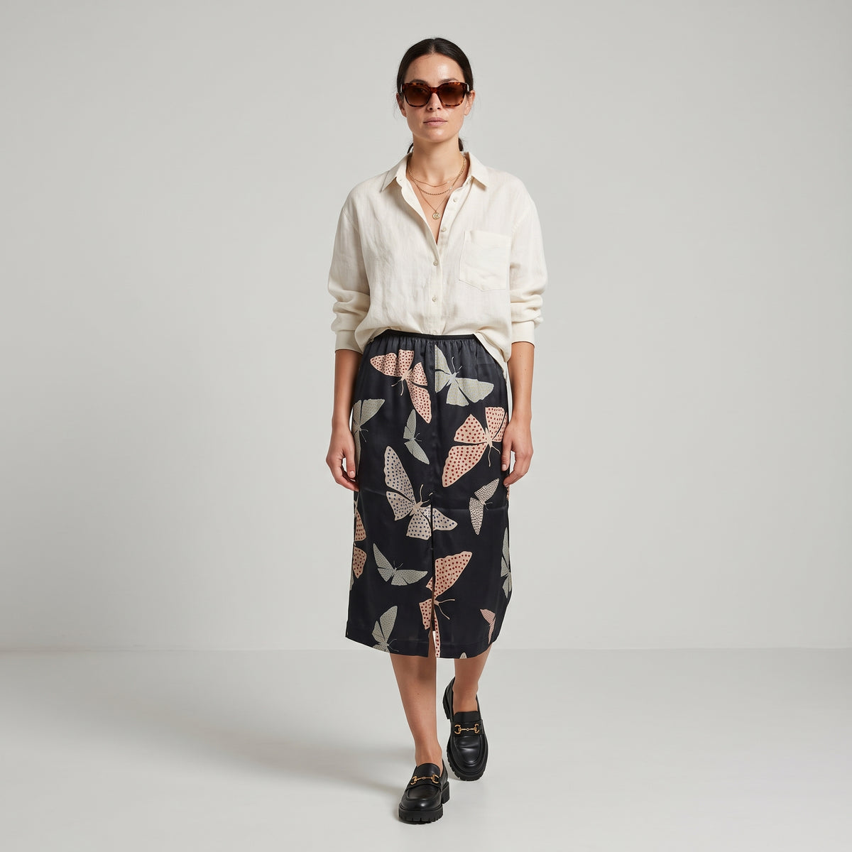 Butterfly Print Silk Midi Skirt
