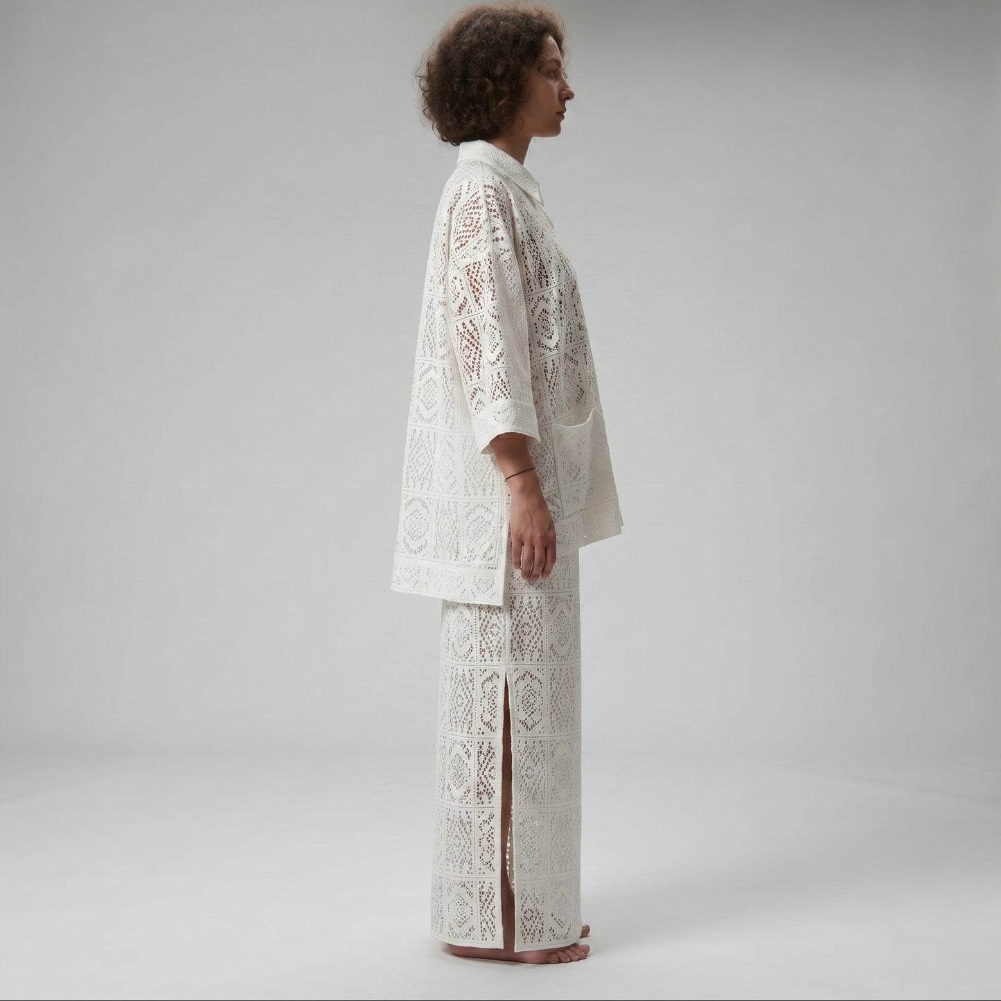 Elegant White Crochet Shirt Jacket