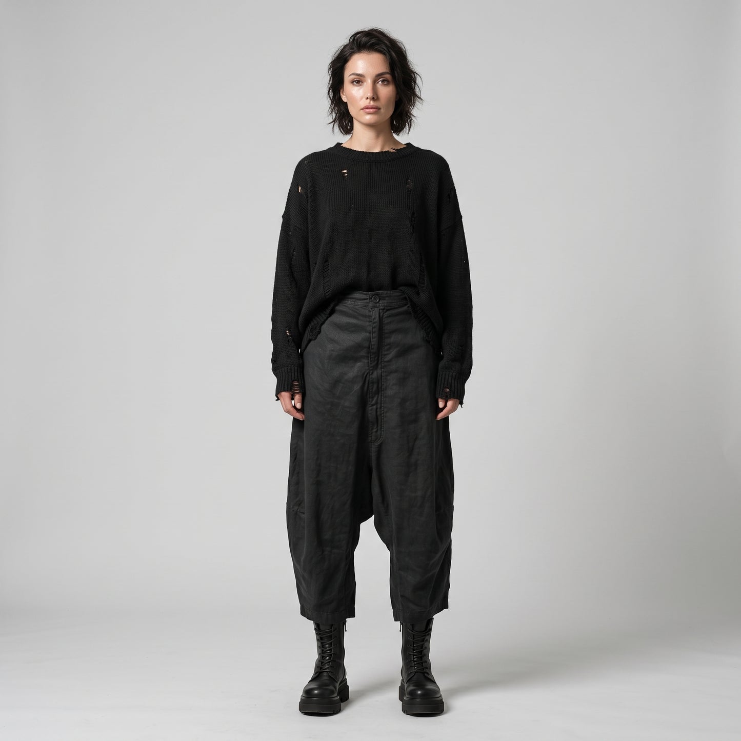 Black Cropped Drop-Crotch Trousers