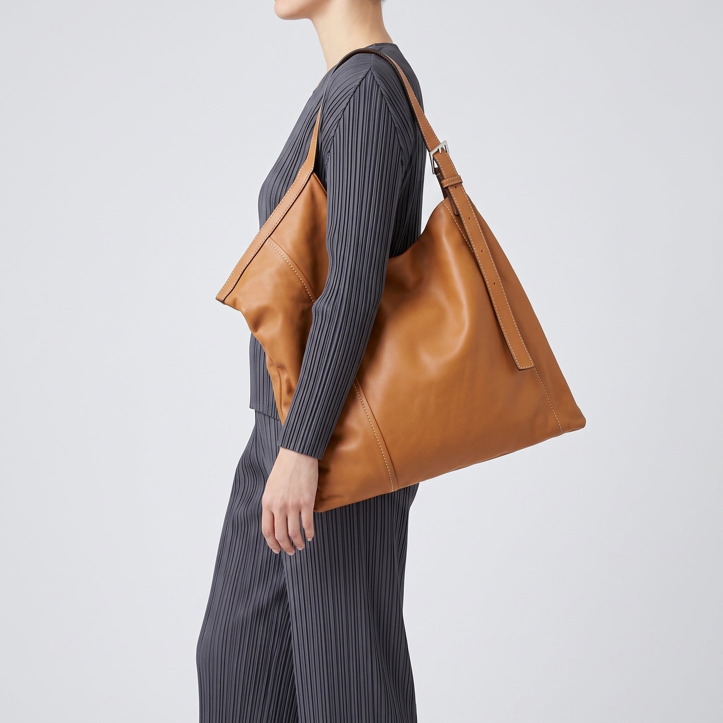 Geometric Tan Leather Shoulder Bag