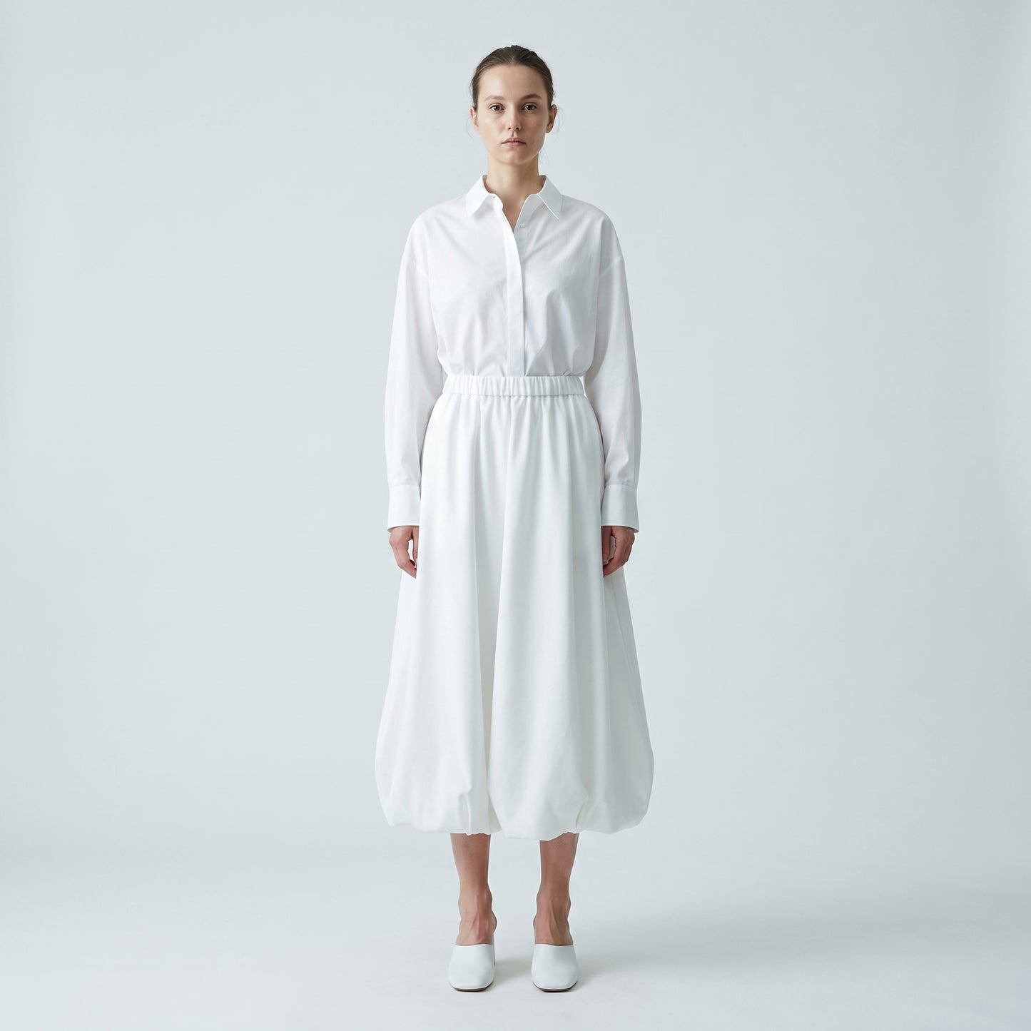 White Balloon Hem Midi Skirt